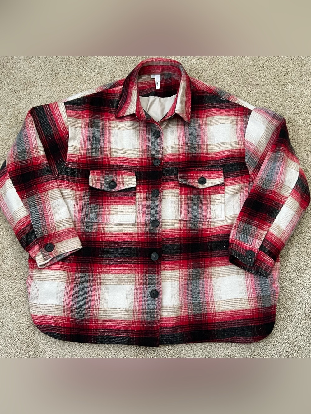 Elan Women's Large Red/White Plaid Long Sleeve Button Up Flannel Shaket/Jacket